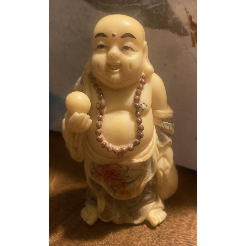 VTG Happy BUDDHA w Money Bag & Beads Heavy 3 3/4” Tall CARVED SOAPSTONE FIGURE